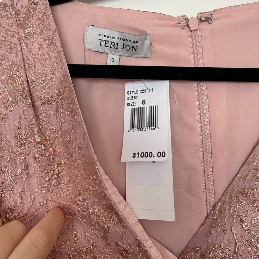 NWT Teri Jon 229041 Blush Peplum Stretch Metallic Jacquard Gown with Beads - Picture 4 of 10